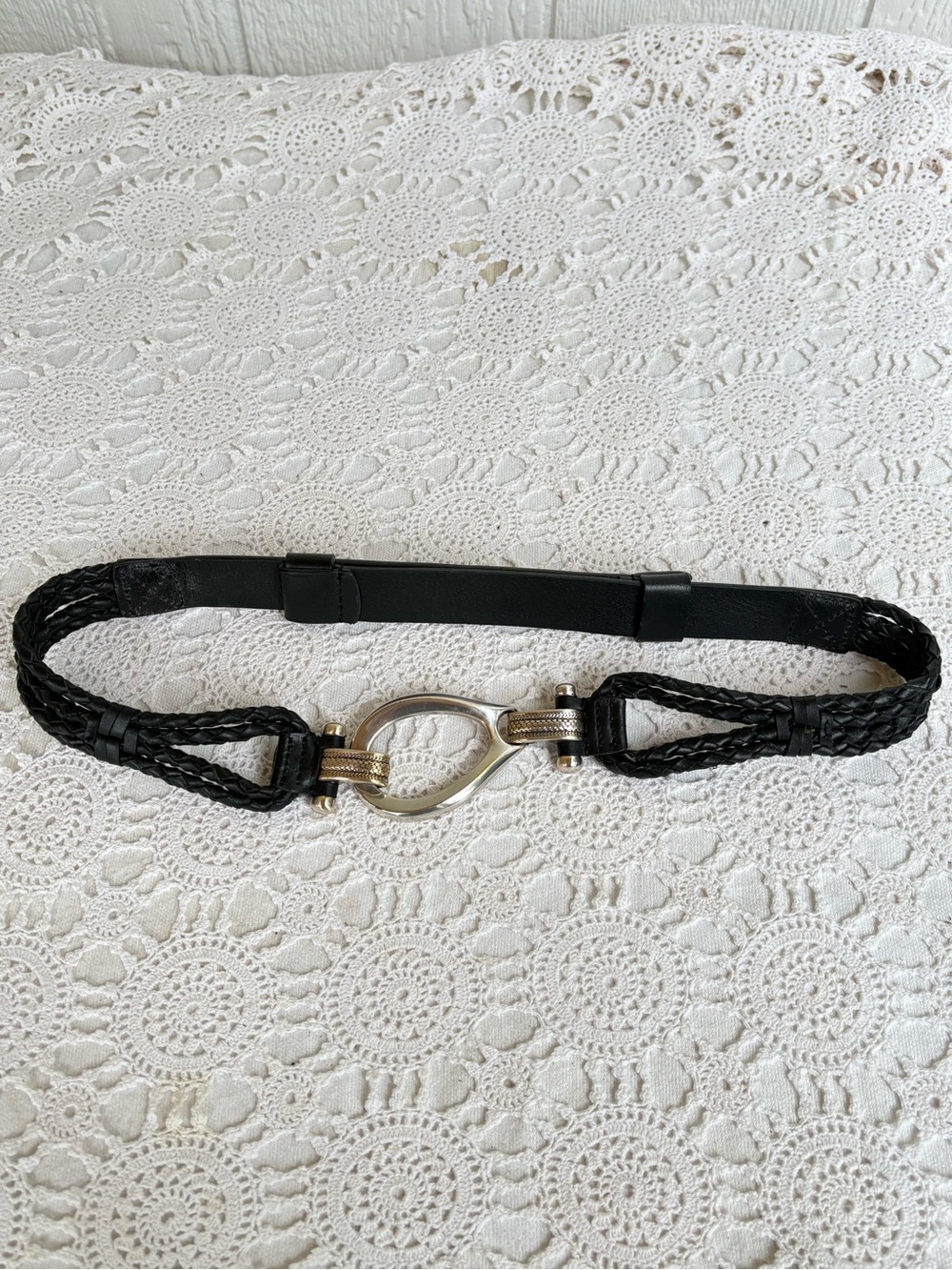 Vintage 90s Black Braided Elastic Waist Belt with Silver-Tone Horsebit Accent